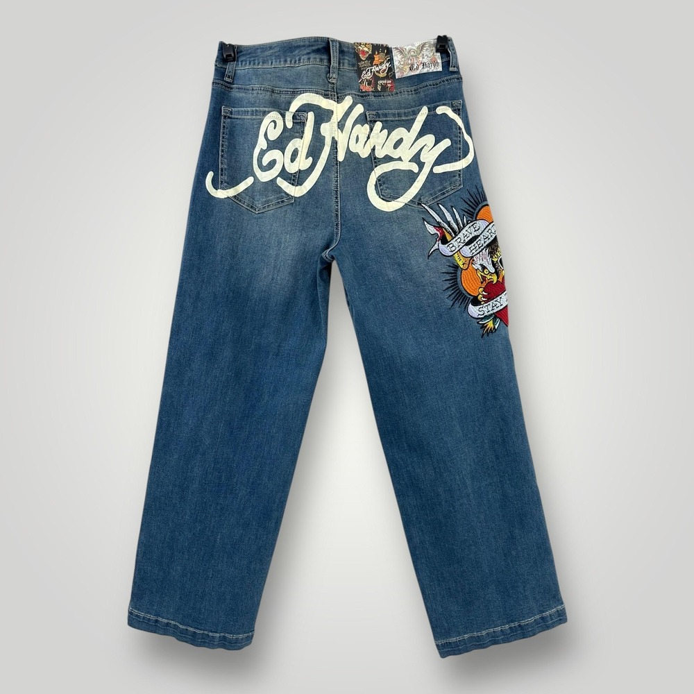 NEW Ed Hardy Jeans Womens Size 32 Blue Wide Leg High Rise Brave Hearts Stay True